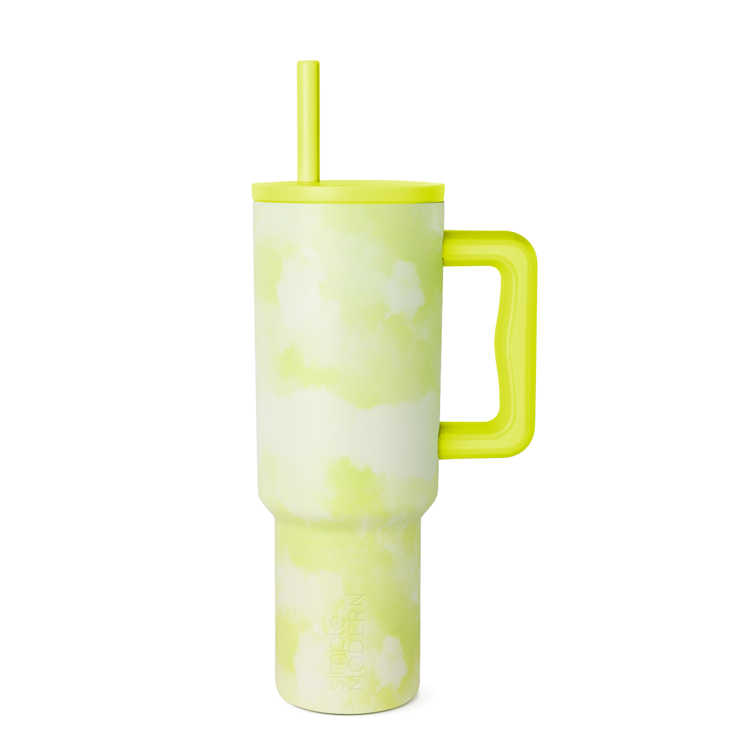 Lime green and white tie-dye pattern tumbler with neon green bold blocks and organic shapes on cream background