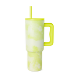 Lime green and white tie-dye pattern tumbler with neon green bold blocks and organic shapes on cream background