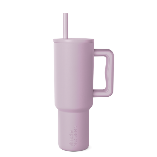 Soft mauve drinkware against a white background