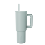 Sage green signature tumbler with handle and reusable straw, displayed on white background. Modern drinkware design with soft muted color and cylindrical shape.