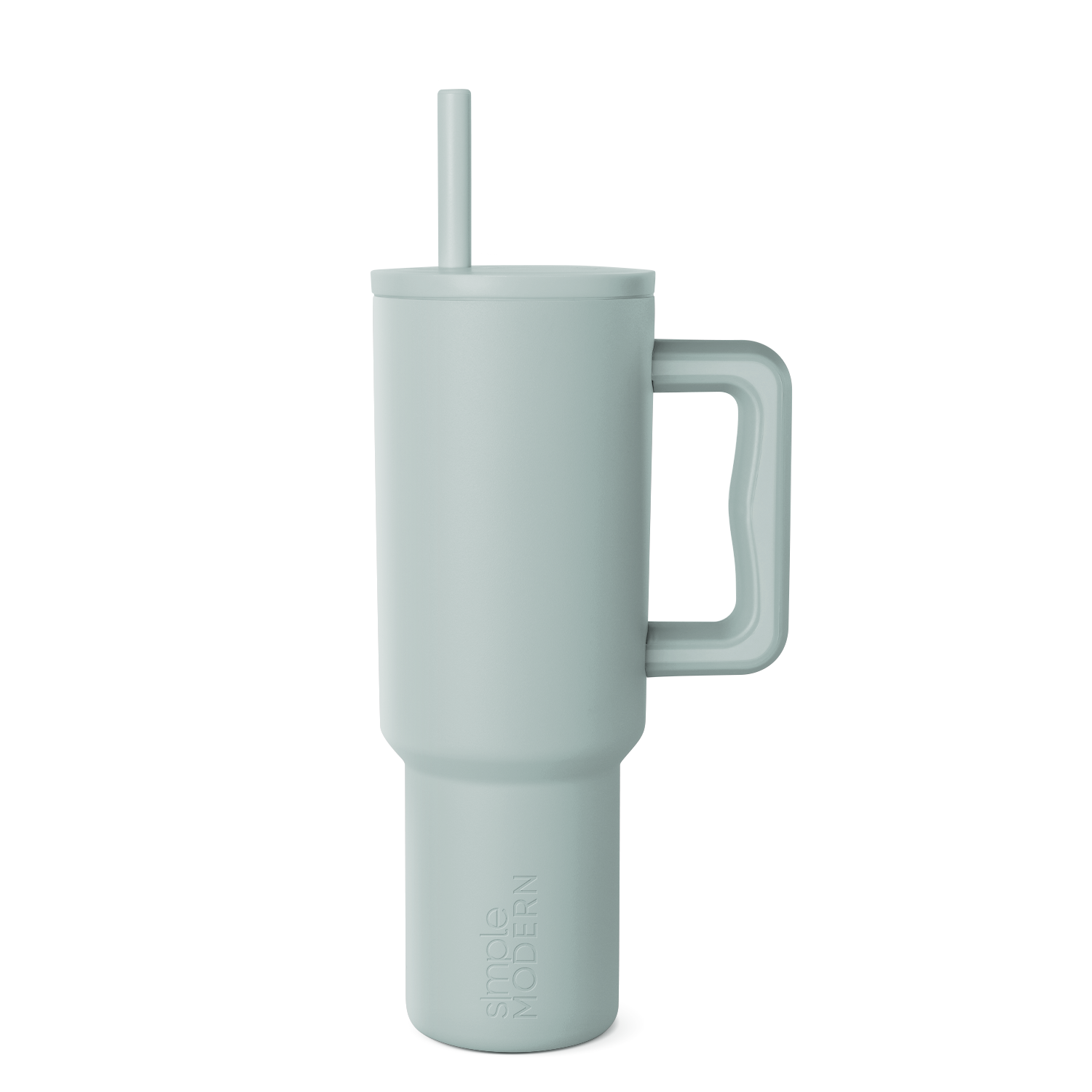 Sage green signature tumbler with handle and reusable straw, displayed on white background. Modern drinkware design with soft muted color and cylindrical shape.