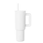 White insulated tumbler with matching white straw on light gray background