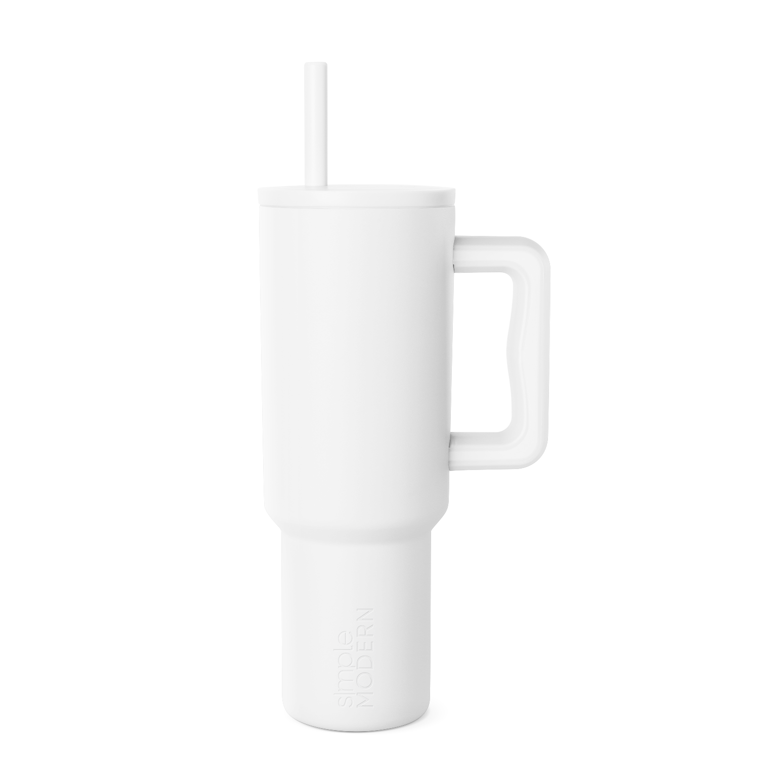 White insulated tumbler with matching white straw on light gray background