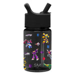 Black water bottle with colorful Transformers character graphics on front