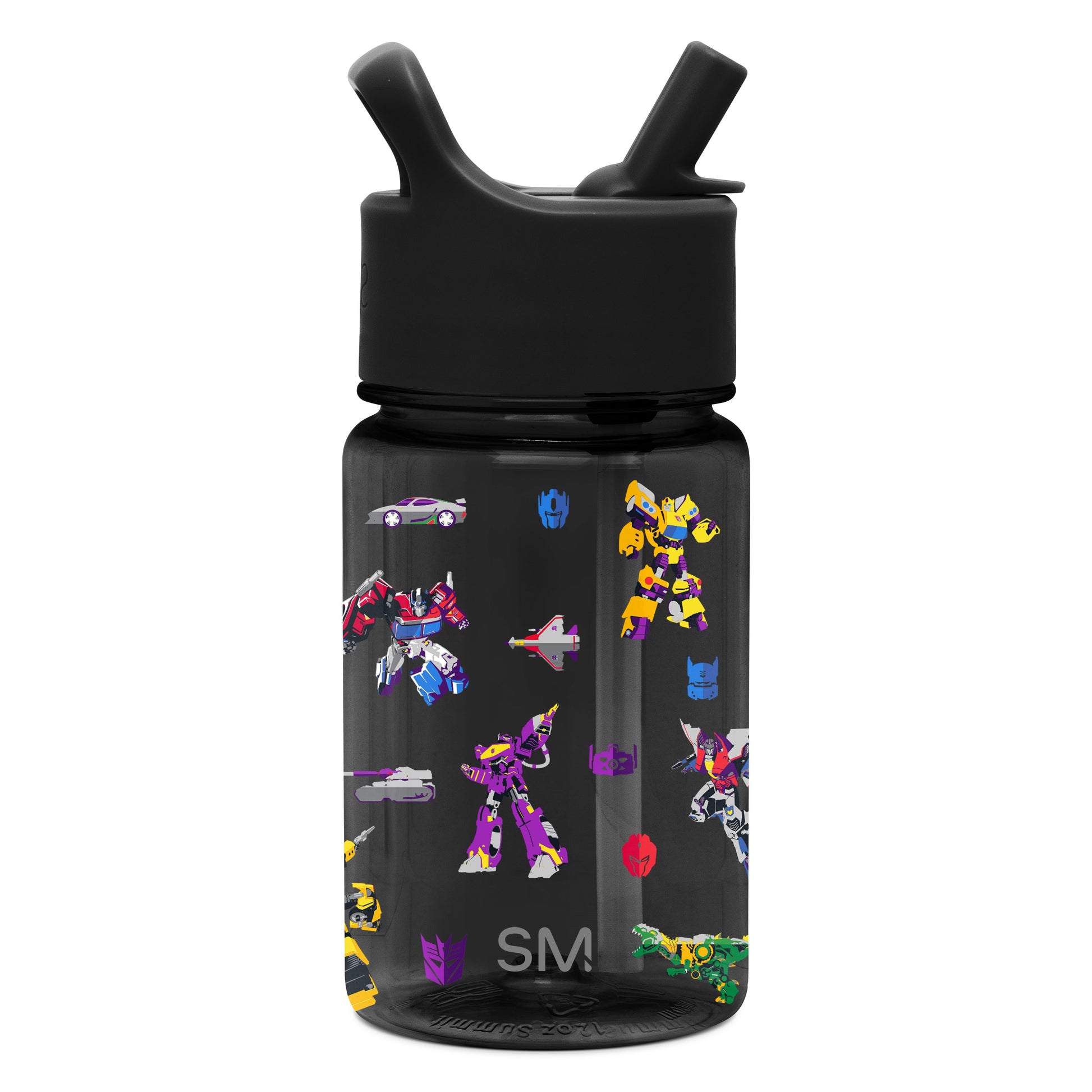 Black water bottle with colorful Transformers character graphics on front