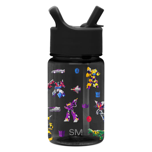 Black water bottle with colorful Transformers character graphics on front