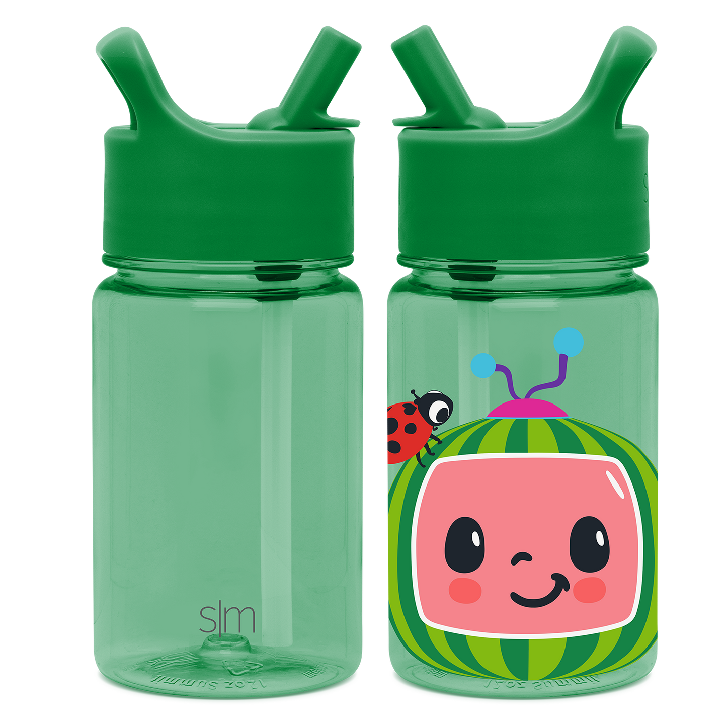Two mint green water bottles with flip-top caps side-by-side on white background. Left bottle is plain with SM logo. Right bottle details not fully visible in description.