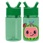 Two mint green water bottles with flip-top caps side-by-side on white background. Left bottle is plain with SM logo. Right bottle details not fully visible in description.