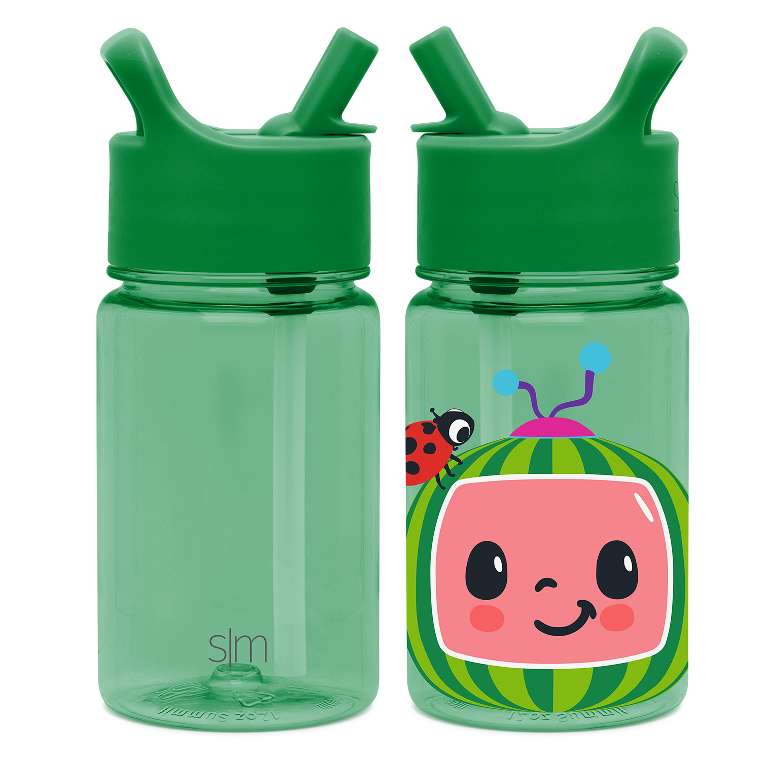 Two mint green water bottles with flip-top caps side-by-side on white background. Left bottle is plain with SM logo. Right bottle details not fully visible in description.