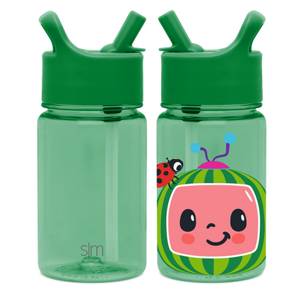 Two mint green water bottles with flip-top caps side-by-side on white background. Left bottle is plain with SM logo. Right bottle details not fully visible in description.