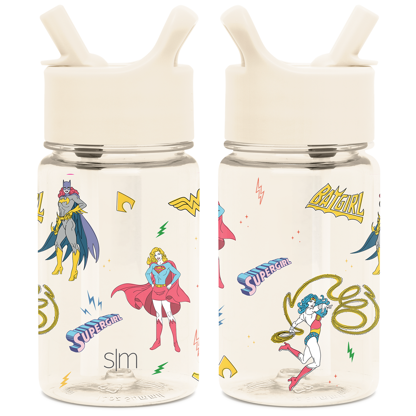 Cream-colored spray bottle with vibrant comic-style illustrations in yellow, hot pink, red, and blue