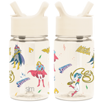 Cream-colored spray bottle with vibrant comic-style illustrations in yellow, hot pink, red, and blue