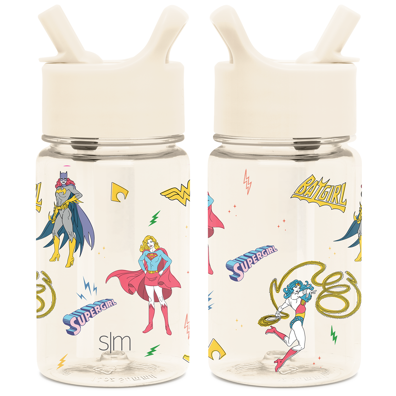 Cream-colored spray bottle with vibrant comic-style illustrations in yellow, hot pink, red, and blue