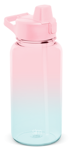 Ombre water bottle with pale pink top fading to white middle and light aqua blue bottom, solid white cap and carrying handle