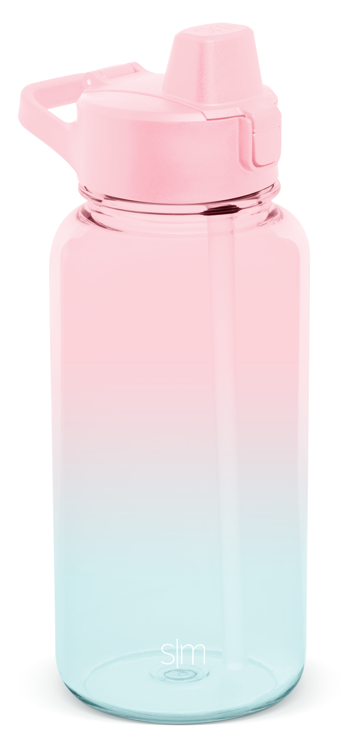 Ombre water bottle with pale pink top fading to white middle and light aqua blue bottom, solid white cap and carrying handle