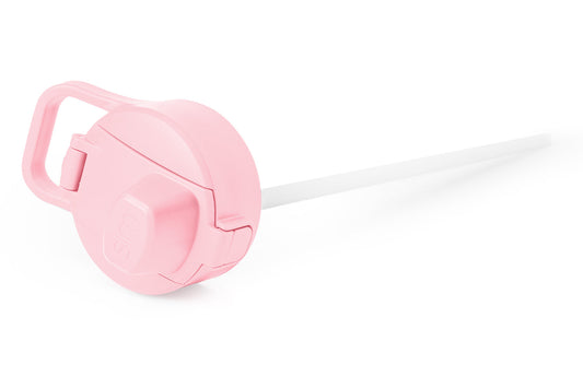 Small pastel pink straw lid with white straw inserted through center opening, shown against white background