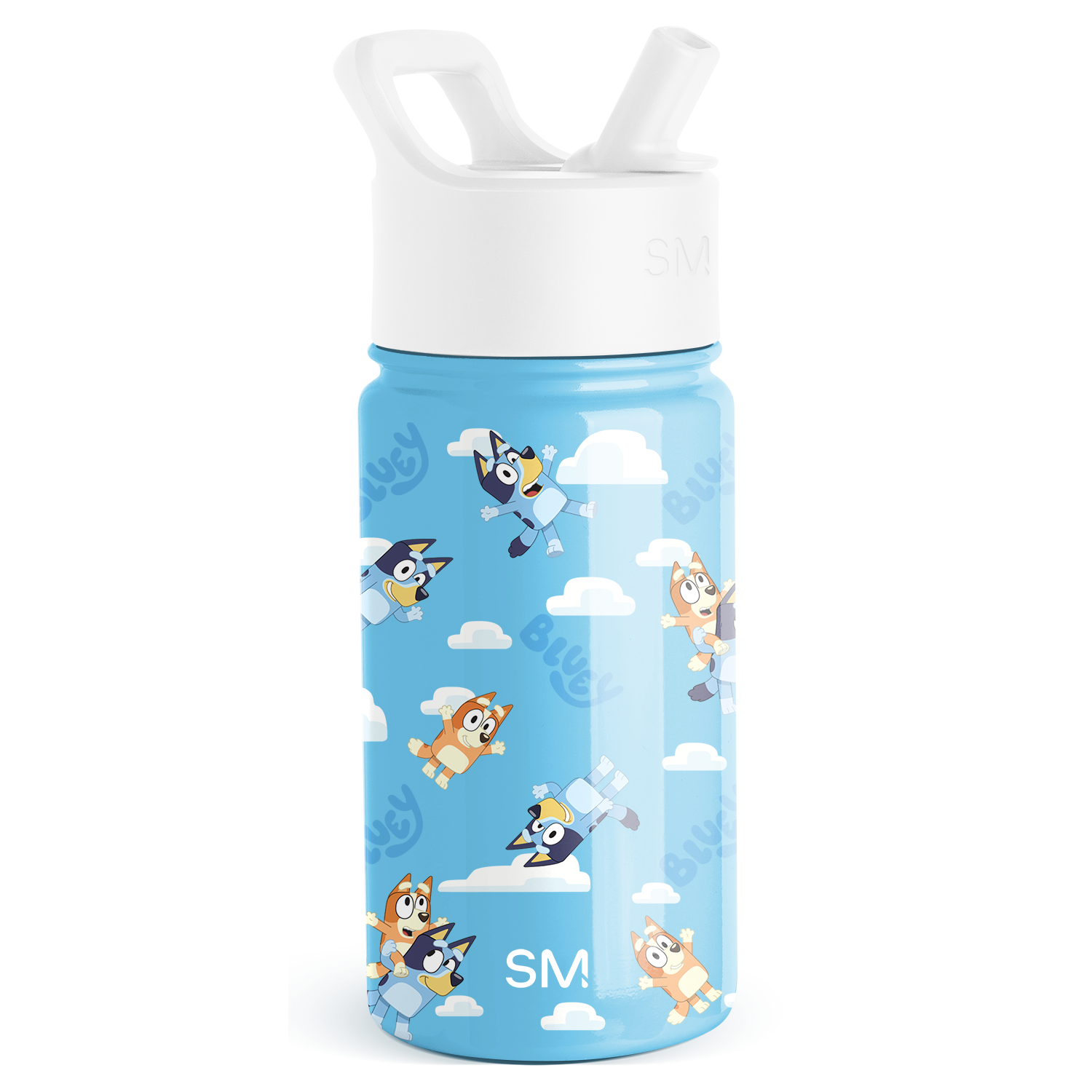 Sky blue kids water bottle with white cap and spout