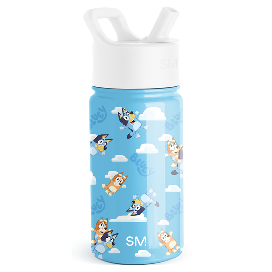 Sky blue kids water bottle with white cap and spout