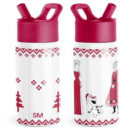 Two insulated water bottles with hot pink flip-top caps and loop handles, displayed from front and back views against white background.