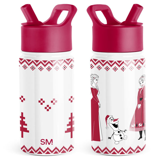 Two insulated water bottles with hot pink flip-top caps and loop handles, displayed from front and back views against white background.