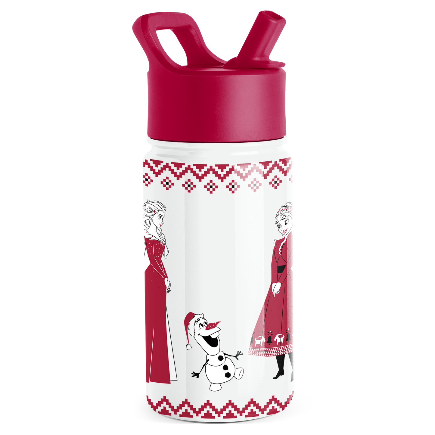 Deep magenta water bottle with white body, magenta lid and cap assembly, decorative accents