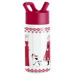 Deep magenta water bottle with white body, magenta lid and cap assembly, decorative accents