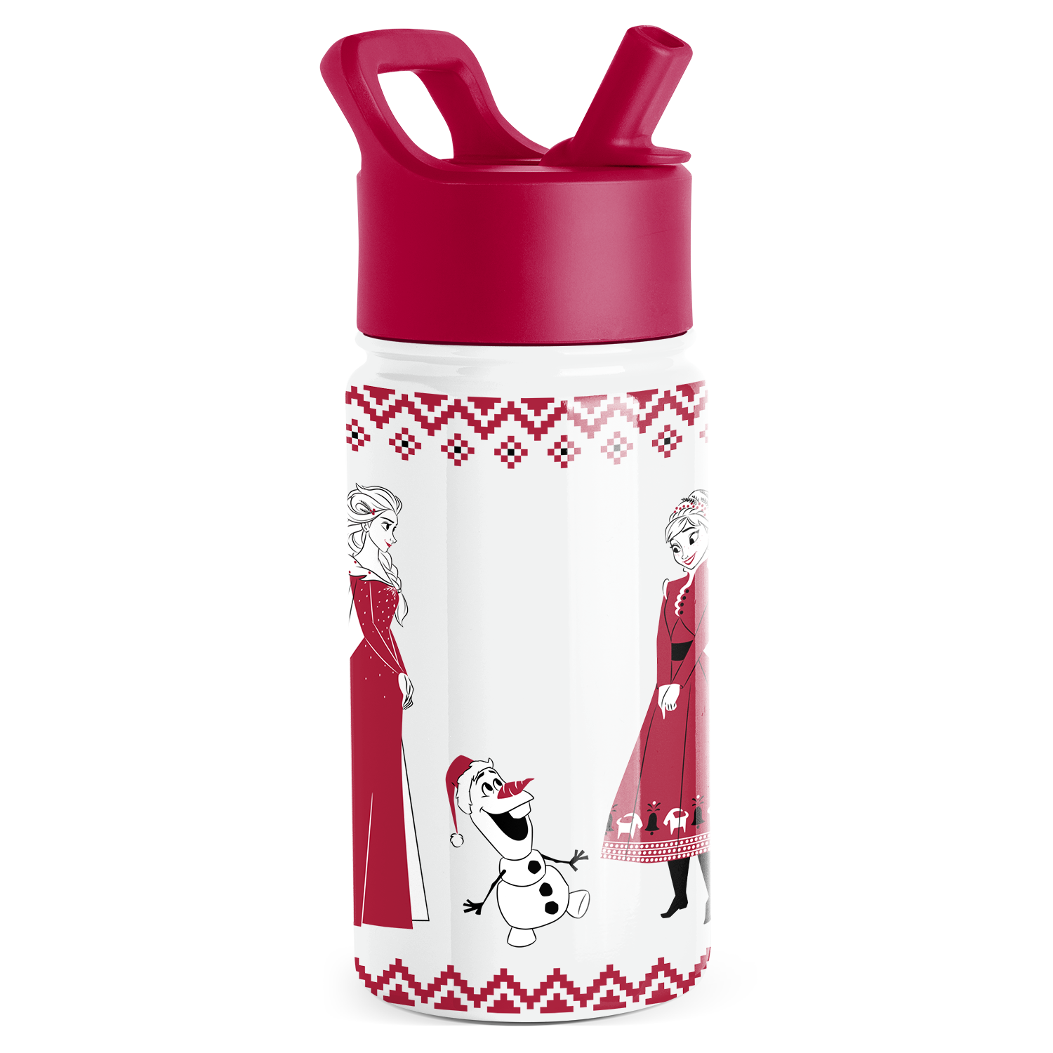 Deep magenta water bottle with white body, magenta lid and cap assembly, decorative accents