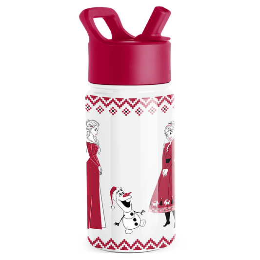Deep magenta water bottle with white body, magenta lid and cap assembly, decorative accents