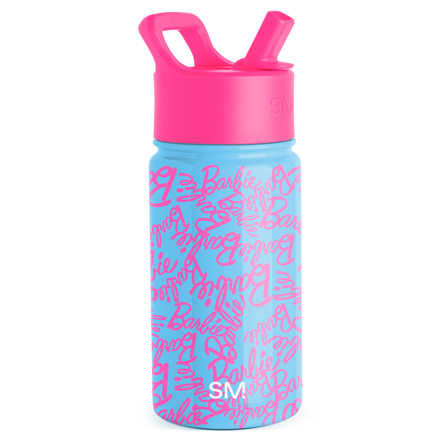 Hot pink and sky blue water bottle with repeating text graphic on body and pink lid
