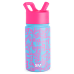 Hot pink and sky blue water bottle with repeating text graphic on body and pink lid