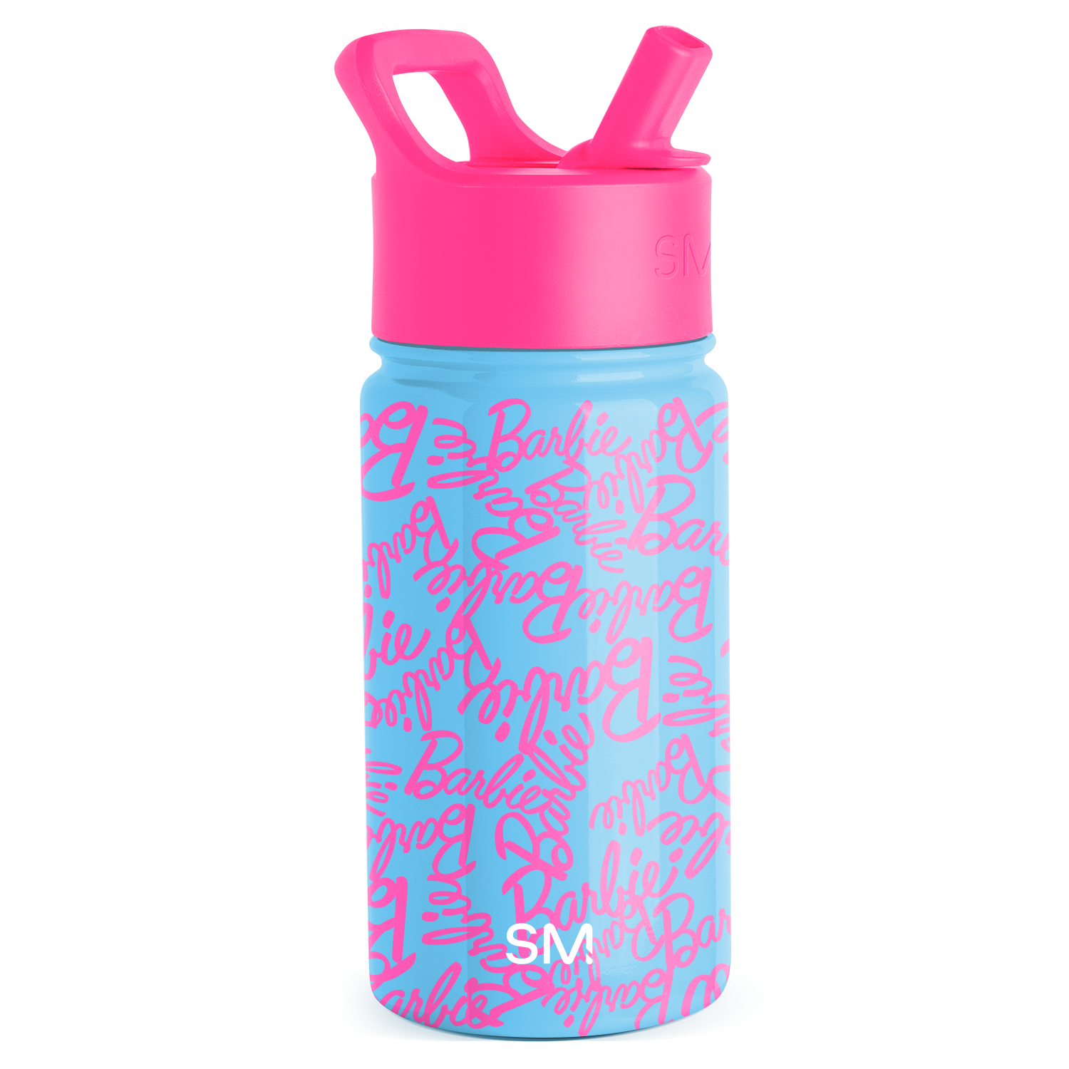 Hot pink and sky blue water bottle with repeating text graphic on body and pink lid