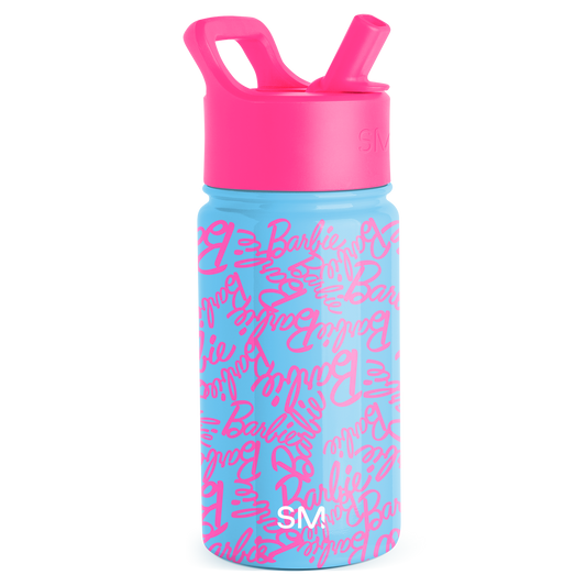Hot pink and sky blue water bottle with repeating text graphic on body and pink lid