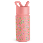 Soft coral pink water bottle with lid and handle assembly, lower portion decorated with pattern design