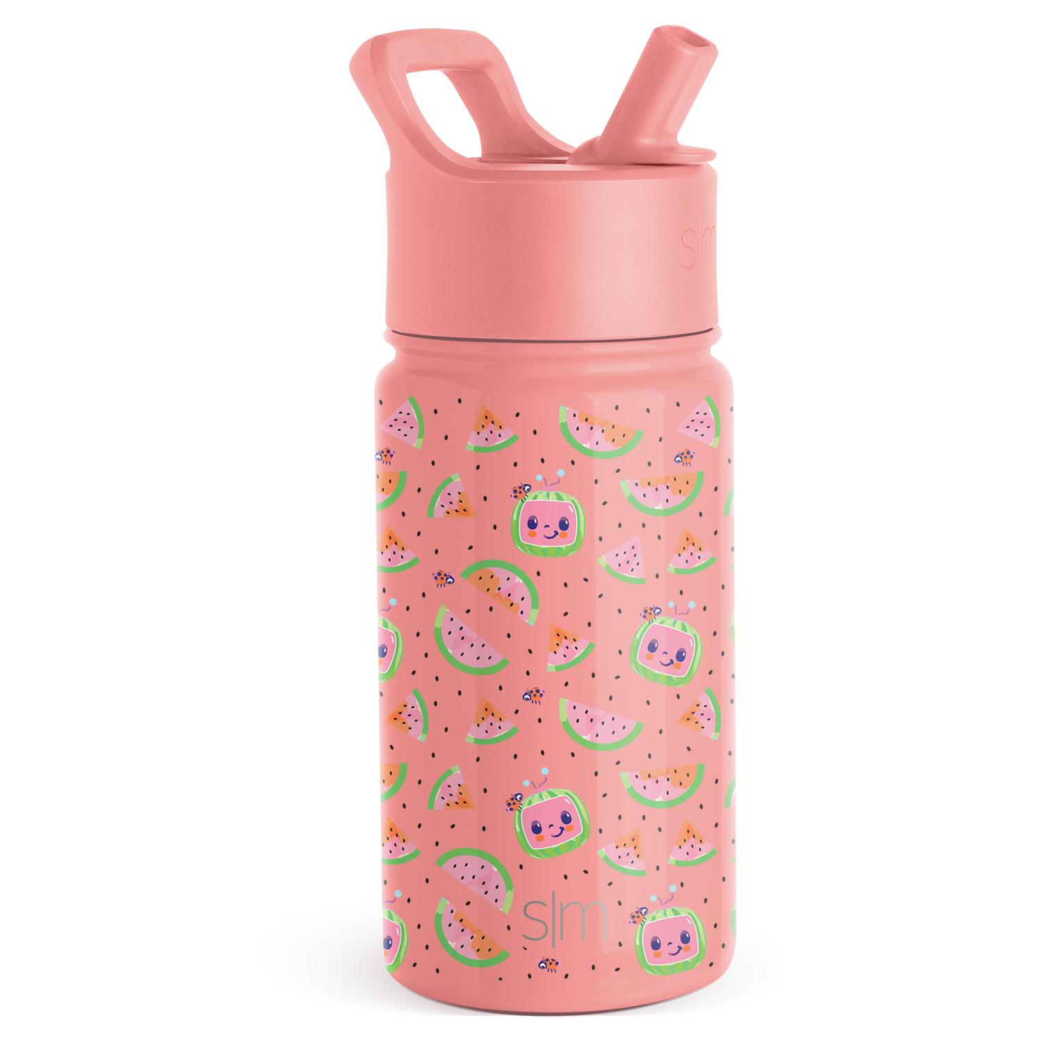 Soft coral pink water bottle with lid and handle assembly, lower portion decorated with pattern design