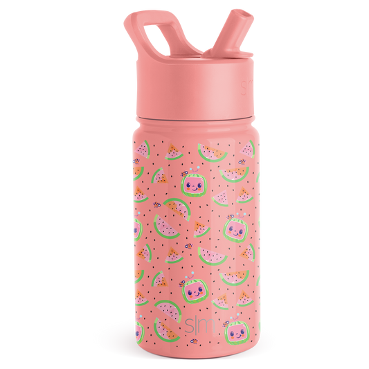 Soft coral pink water bottle with lid and handle assembly, lower portion decorated with pattern design