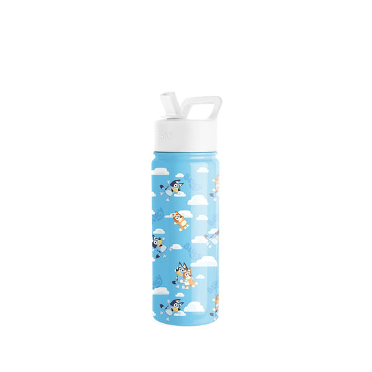 Sky blue water bottle with white lid and animated cloud design, size medium