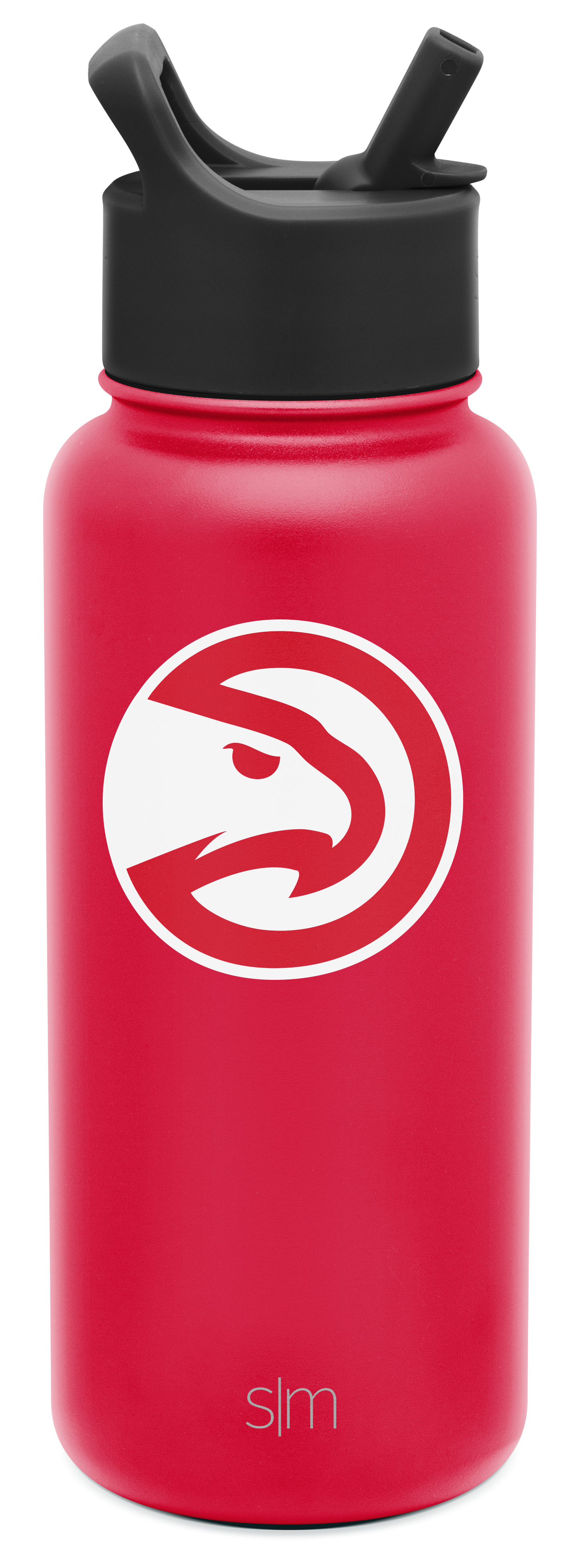 Bright hot pink cylindrical water bottle with wide mouth opening and black dual-handle straw lid on white background.
