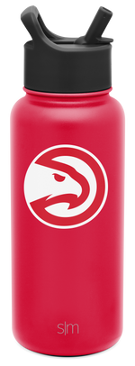 Bright hot pink cylindrical water bottle with wide mouth opening and black dual-handle straw lid on white background.