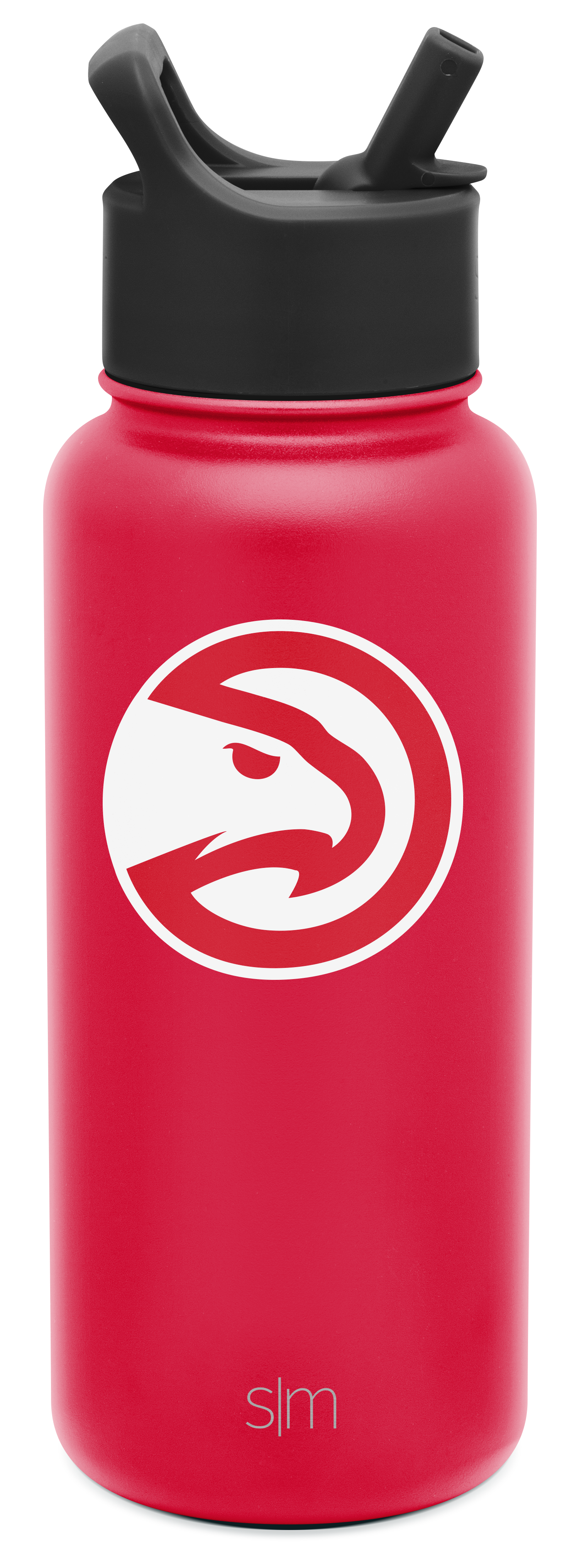 Bright hot pink cylindrical water bottle with wide mouth opening and black dual-handle straw lid on white background.