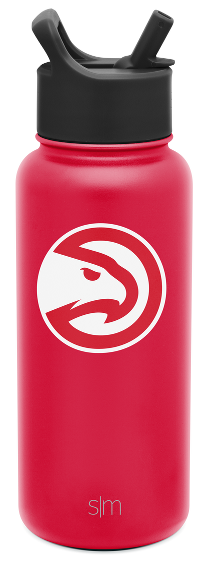 Bright hot pink cylindrical water bottle with wide mouth opening and black dual-handle straw lid on white background.