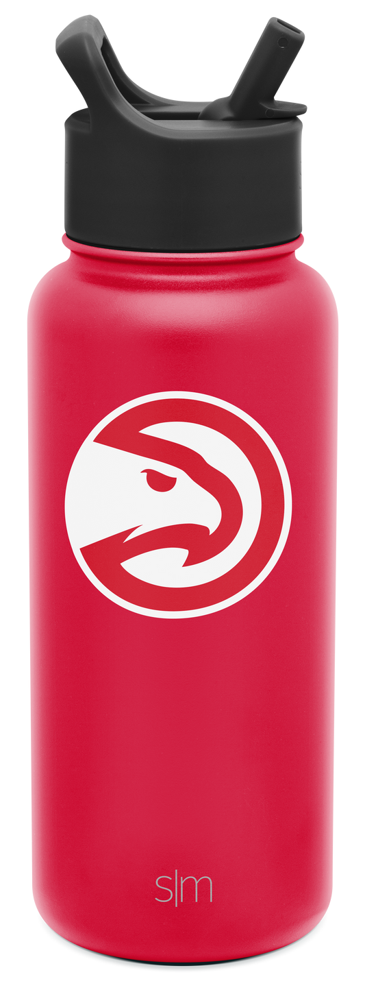 Bright hot pink cylindrical water bottle with wide mouth opening and black dual-handle straw lid on white background.
