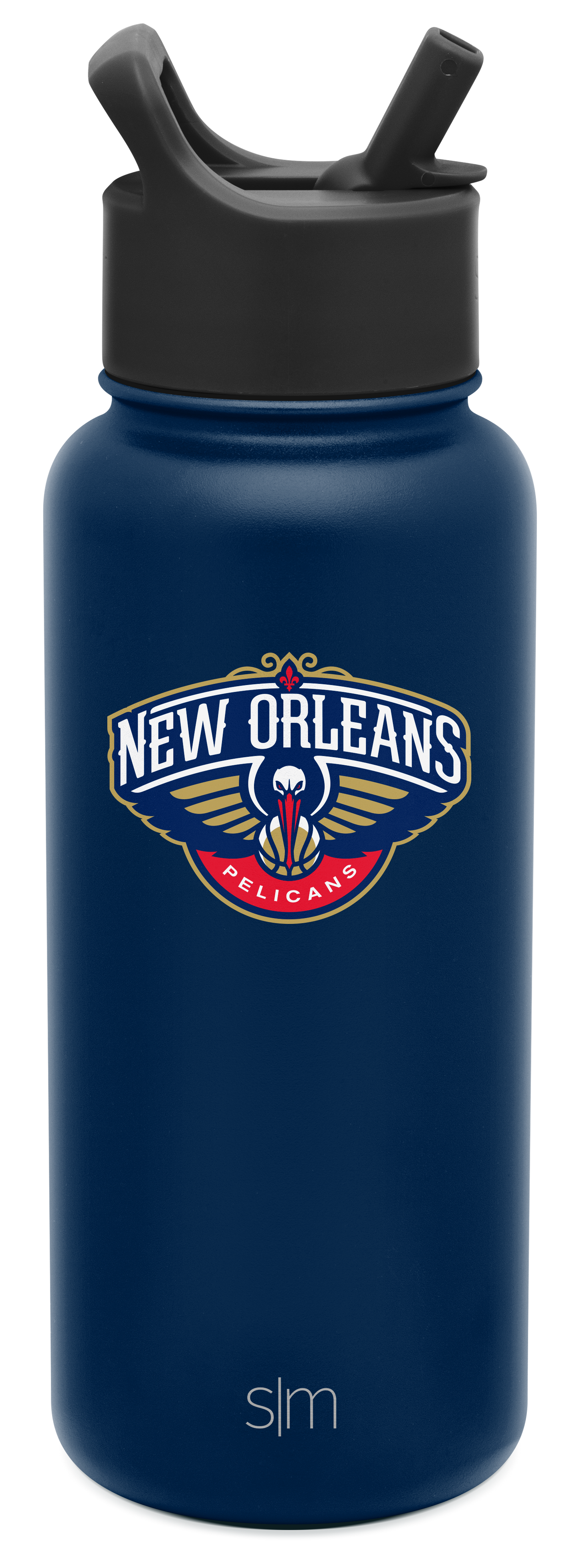Navy blue insulated water bottle with matte finish against white background. Simple Modern design, cylindrical shape, durable appearance.