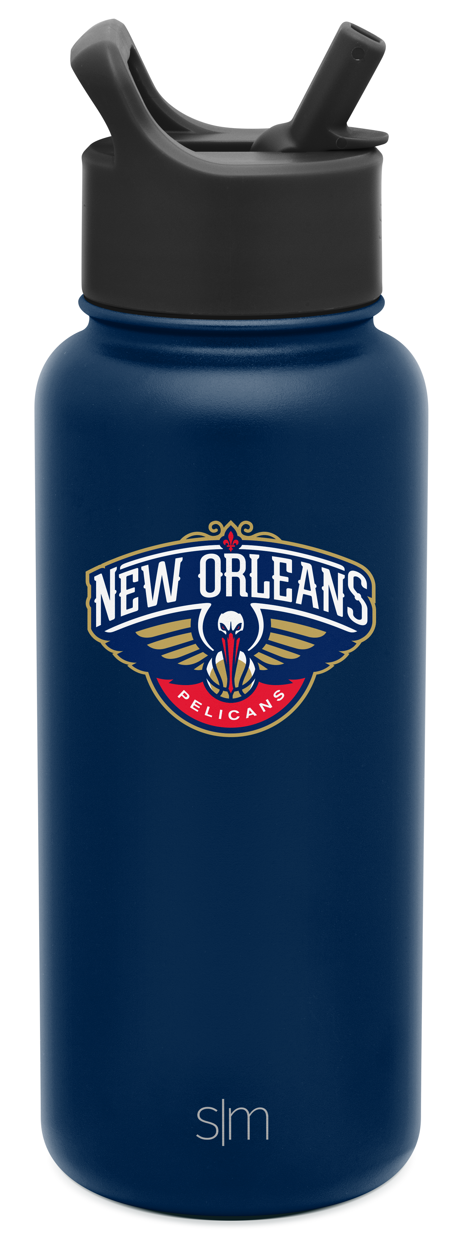 Navy blue insulated water bottle with matte finish against white background. Simple Modern design, cylindrical shape, durable appearance.