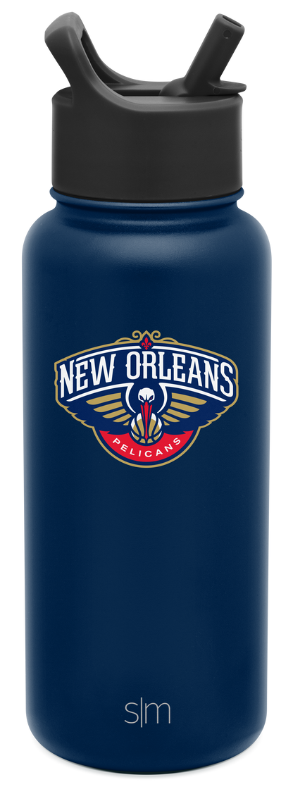 Navy blue insulated water bottle with matte finish against white background. Simple Modern design, cylindrical shape, durable appearance.