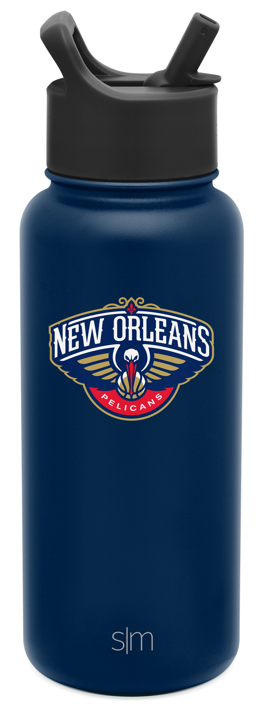 Navy blue insulated water bottle with matte finish against white background. Simple Modern design, cylindrical shape, durable appearance.
