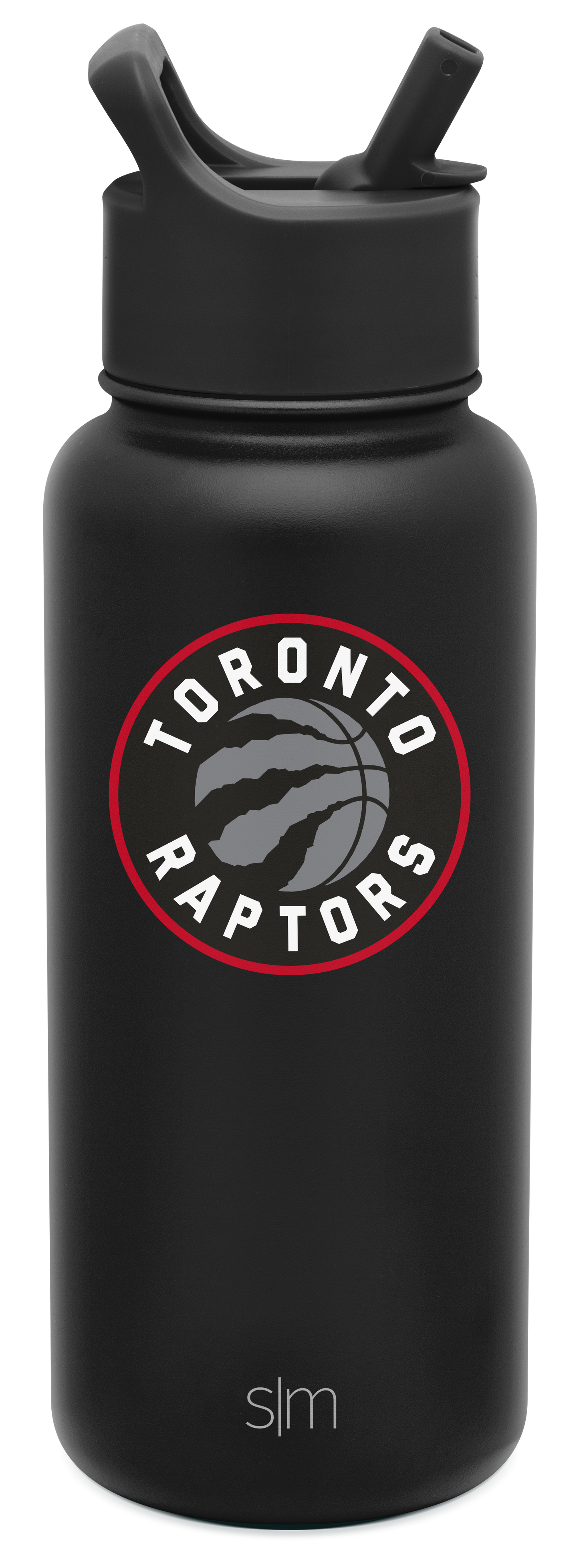 Matte black water bottle with bright red circular accent ring around team logo featuring gray tones in design