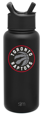 Matte black water bottle with bright red circular accent ring around team logo featuring gray tones in design