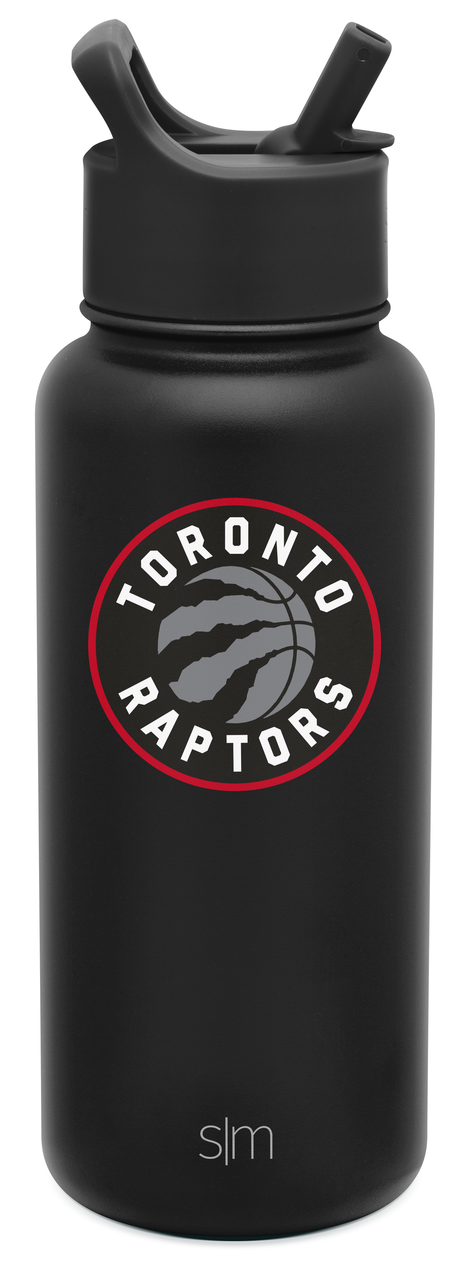 Matte black water bottle with bright red circular accent ring around team logo featuring gray tones in design