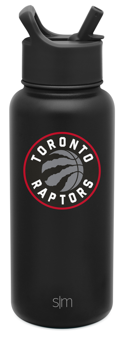 Matte black water bottle with bright red circular accent ring around team logo featuring gray tones in design