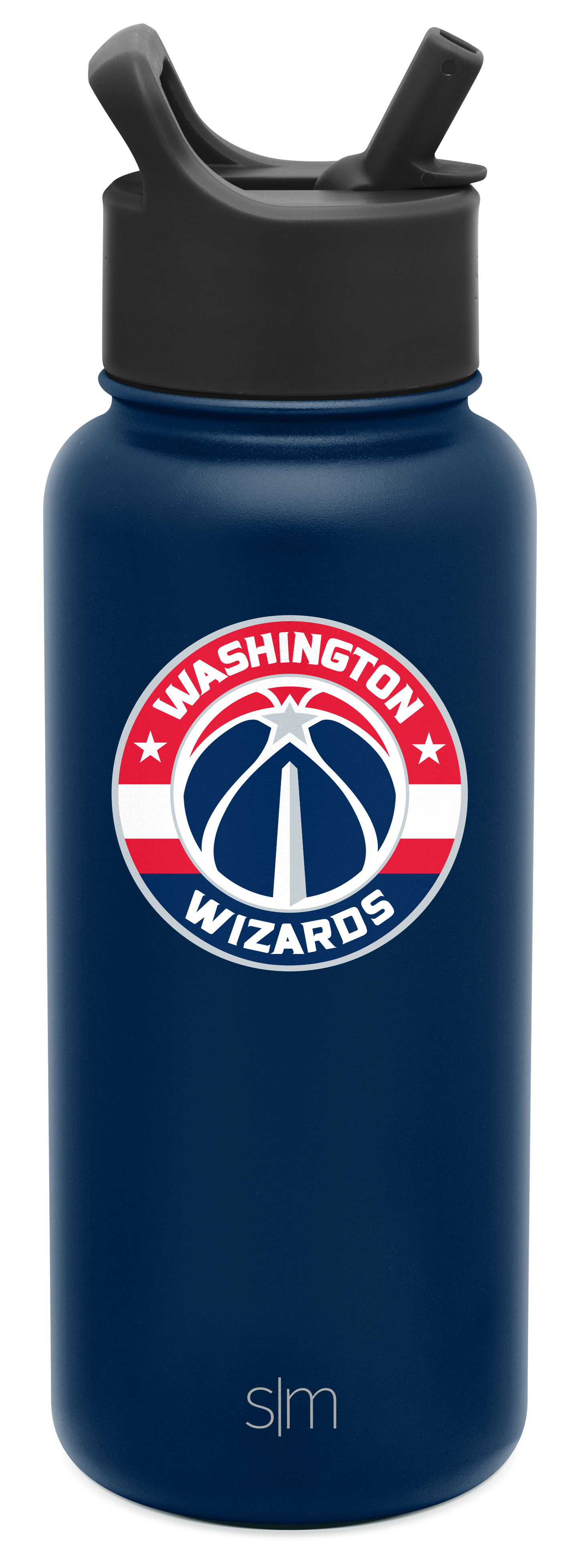 Navy blue water bottle with charcoal gray cap, Washington design